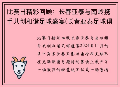 比赛日精彩回顾:长春亚泰与南岭携手共创和谐足球盛宴(长春亚泰足球俱乐部基地)