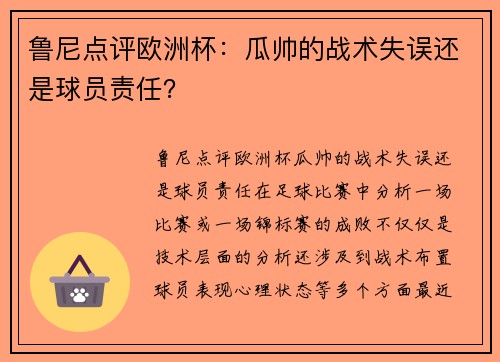 鲁尼点评欧洲杯:瓜帅的战术失误还是球员责任?