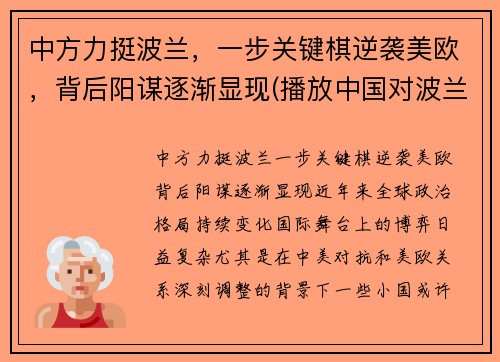 中方力挺波兰,一步关键棋逆袭美欧,背后阳谋逐渐显现(播放中国对波兰)