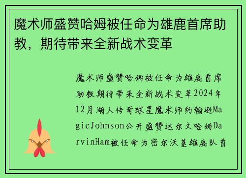 魔术师盛赞哈姆被任命为雄鹿首席助教,期待带来全新战术变革