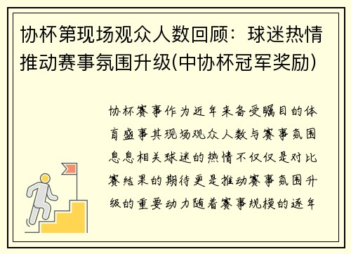 协杯第现场观众人数回顾:球迷热情推动赛事氛围升级(中协杯冠军奖励)