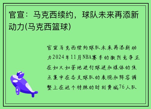 官宣:马克西续约,球队未来再添新动力(马克西篮球)