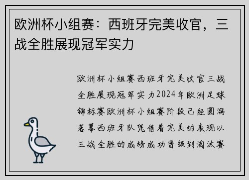 欧洲杯小组赛:西班牙完美收官,三战全胜展现冠军实力