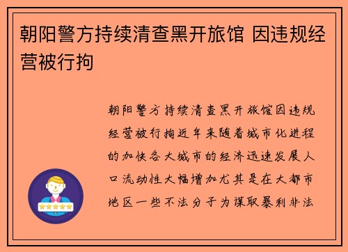 朝阳警方持续清查黑开旅馆 因违规经营被行拘
