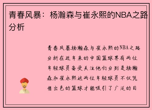 青春风暴：杨瀚森与崔永熙的NBA之路分析