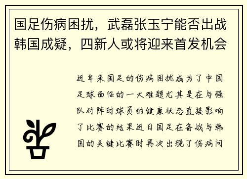 国足伤病困扰，武磊张玉宁能否出战韩国成疑，四新人或将迎来首发机会
