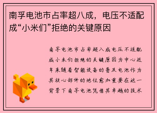 南孚电池市占率超八成，电压不适配成“小米们”拒绝的关键原因