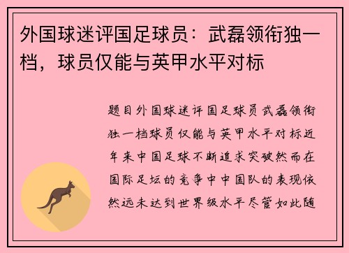 外国球迷评国足球员：武磊领衔独一档，球员仅能与英甲水平对标