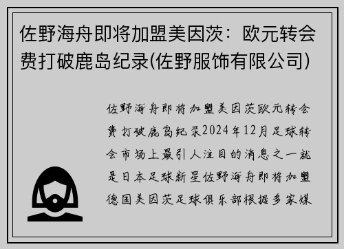 佐野海舟即将加盟美因茨：欧元转会费打破鹿岛纪录(佐野服饰有限公司)