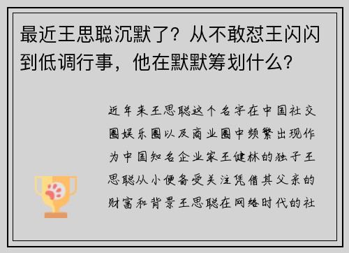 最近王思聪沉默了？从不敢怼王闪闪到低调行事，他在默默筹划什么？